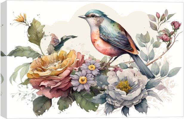 Vintage watercolor painting of flowers and bird Canvas Print by Mirjana Bogicevic