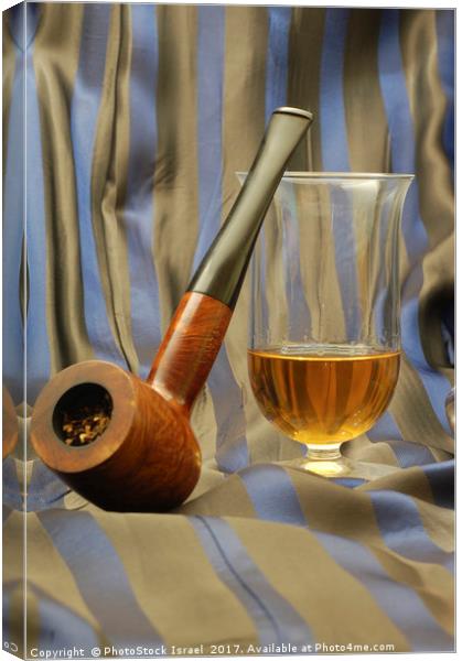 wooden pipe and glass of malt whiskey Canvas Print by PhotoStock Israel