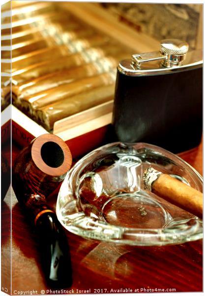 pipe, cigars and a flask of scotch whiskey  Canvas Print by PhotoStock Israel