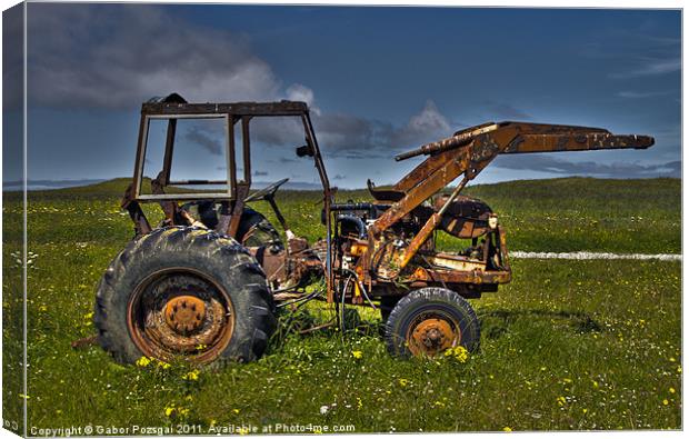 Tractor on green field Canvas Print by Gabor Pozsgai