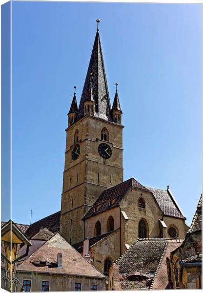 Evangelical Cathedral Sibiu Romania tower on blue  Canvas Print by Adrian Bud