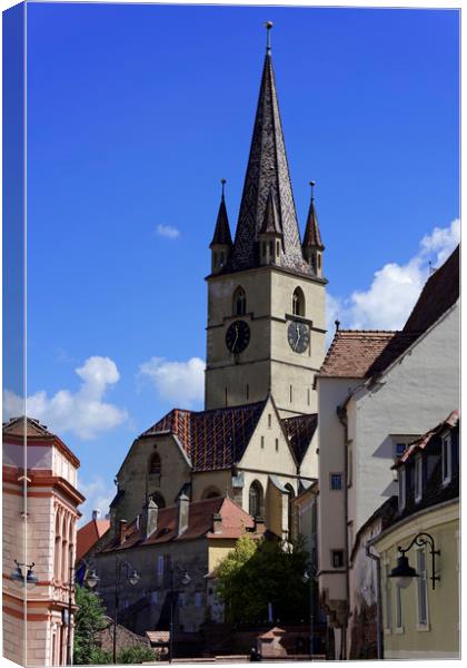 Evangelical Cathedral Sibiu Romania tower with blu Canvas Print by Adrian Bud