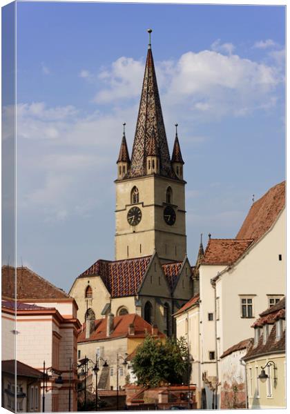 Evangelical Cathedral Sibiu Romania tower on blue  Canvas Print by Adrian Bud