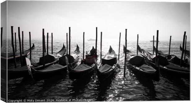 Gondolas docked on a Venetian canal  Canvas Print by Moty Dimant