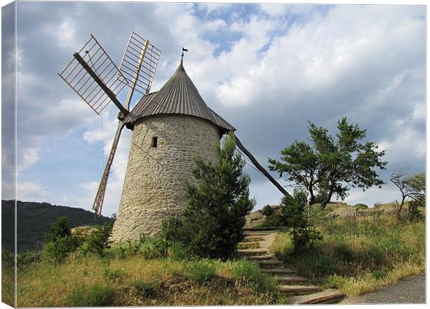 Old Windmill at Cucugnan, France Canvas Print by Jacqi Elmslie
