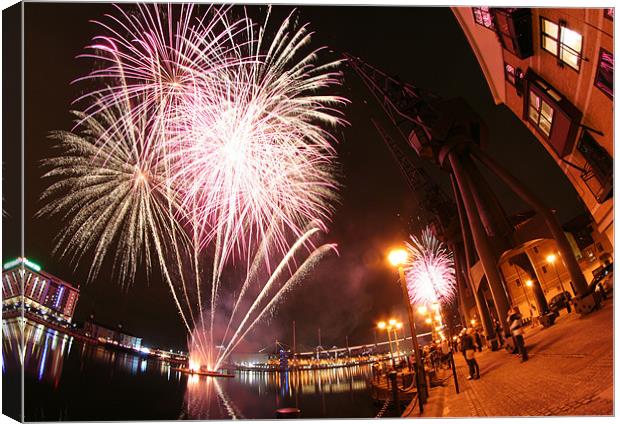 Fireworks over Royal Victoria Dock, London Canvas Print by Clare Moran