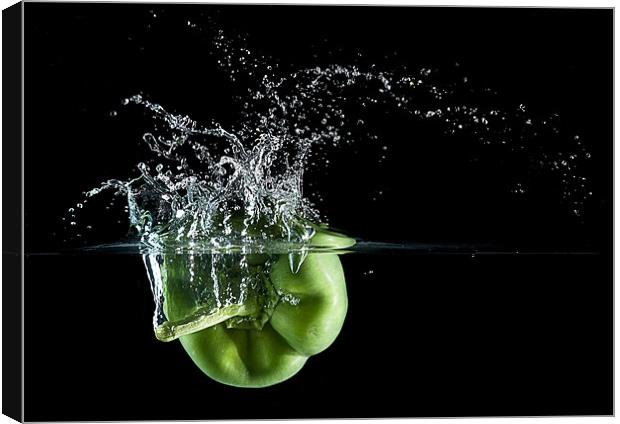 Green Pepper Splash. Canvas Print by Mark Squirrel