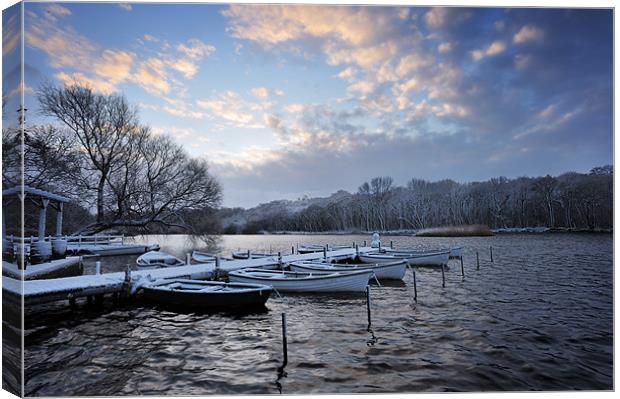 Rowing boats in Snow Canvas Print by Stephen Mole