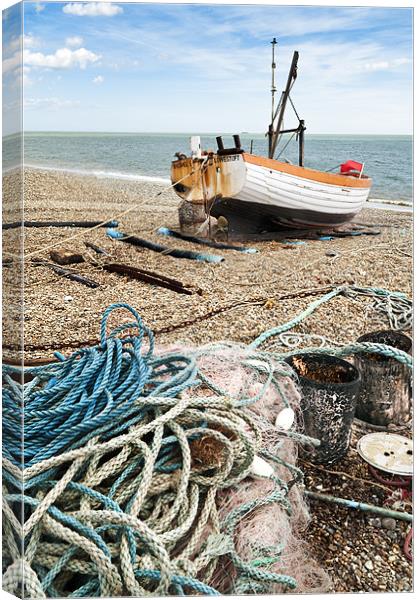Rope, net, bins and boat Canvas Print by Stephen Mole