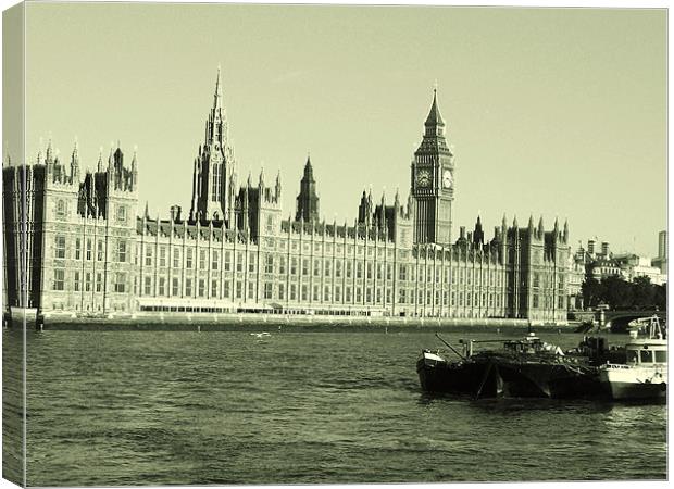 Big Ben on the River Thames Canvas Print by Angie Henley