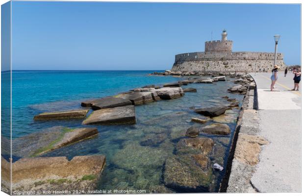 Rhodes Harbour Lighthouse  Canvas Print by Rob Hawkins