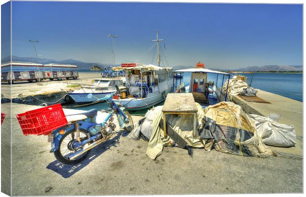 Bike & Boats at Nafplion Harbour Canvas Print by Rob Hawkins