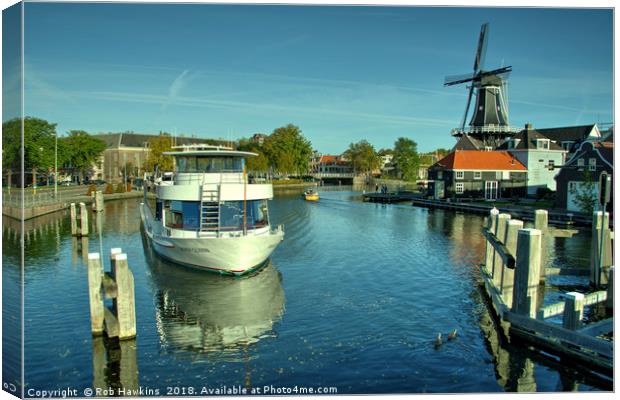 Haarlem boat and windmill Canvas Print by Rob Hawkins