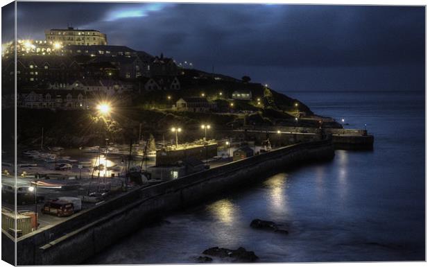 Newquay harbour by night Canvas Print by Rob Hawkins