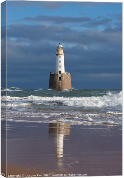 Rattray Head Lighthouse, reflection in sand. Canvas Print by Douglas Kerr
