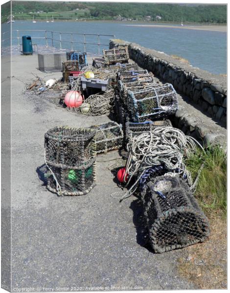 Crab Pots on Shell Island North Wales Canvas Print by Terry Senior