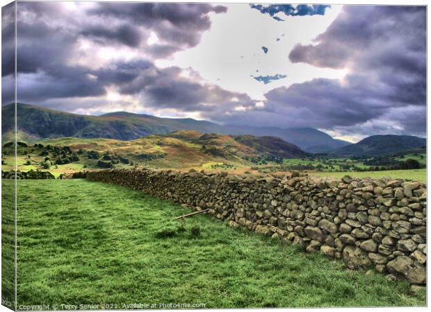 Cumbria, Dramatic Skys, Drystone Walling, HDR, Lake District, Mountains Canvas Print by Terry Senior