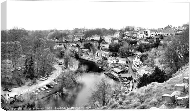 Panoramic View of Knaresborough Showing the River Nidd in black and white. Canvas Print by Terry Senior