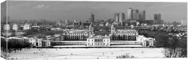 Snow bound panoramic view of the Isle of Dogs Gree Canvas Print by Terry Senior