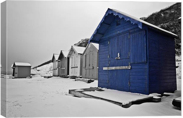 Snow Covered Beach Huts in Overstrand 2 Canvas Print by Paul Macro