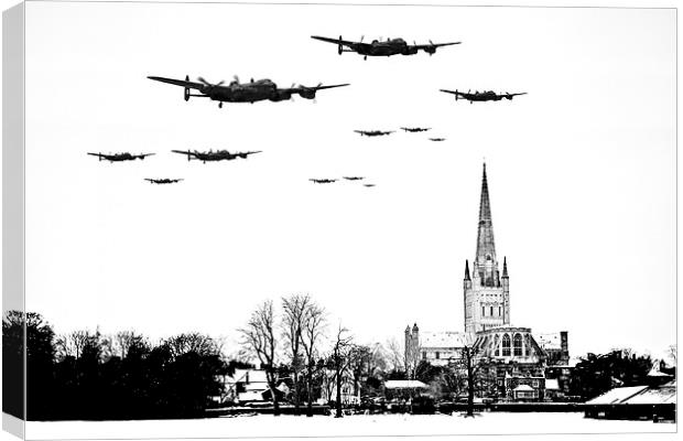 Lancasters over Norwich Cathedral Canvas Print by Paul Macro