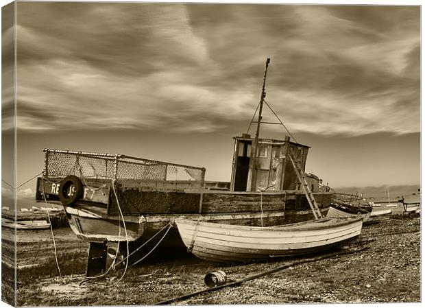 Brancaster Staithe at Low Tide Sepia Canvas Print by Paul Macro
