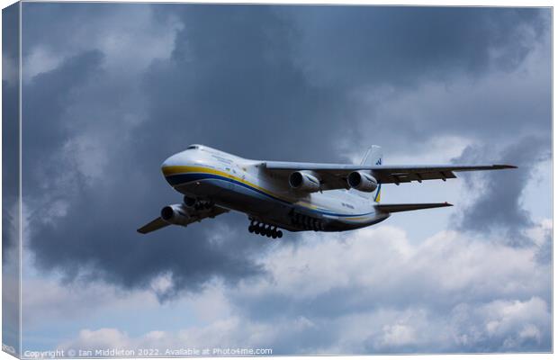 Antonov AN-124 cargo plane landing at Ljubljana Joze Pucnik Airp Canvas Print by Ian Middleton