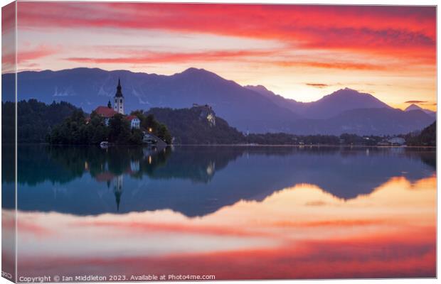 Sunrise at Lake Bled Canvas Print by Ian Middleton