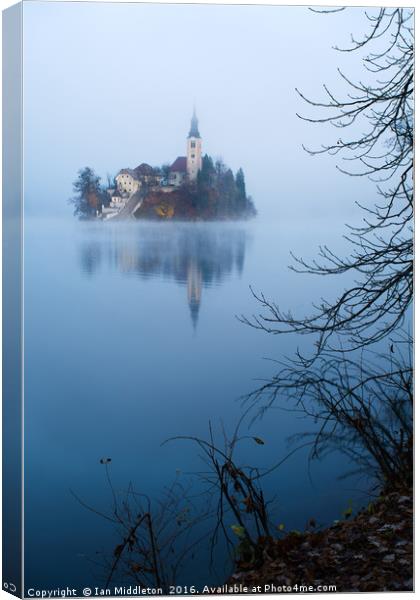 Misty Lake Bled Canvas Print by Ian Middleton