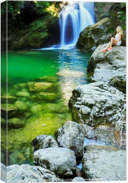 Girl watching the Sum Waterfall in Vintgar Gorge Canvas Print by Ian Middleton