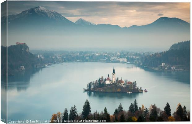 View of Lake Bled from Ojstrica Canvas Print by Ian Middleton