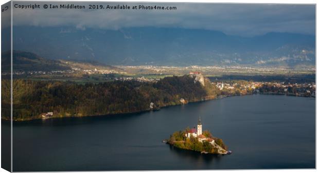 View of Lake Bled from Mala Osojnica Canvas Print by Ian Middleton
