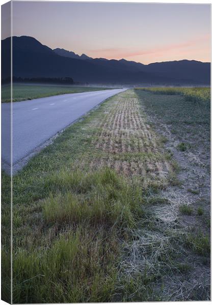 Road to the Kamnik Alps at dawn, Slovenia. Canvas Print by Ian Middleton