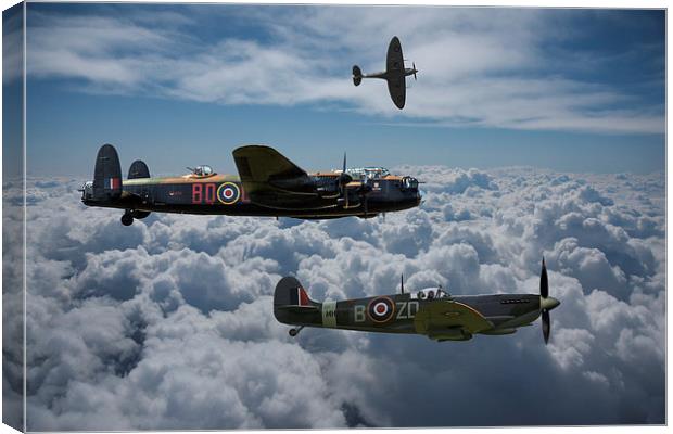  Lancaster with Spitfire escort Canvas Print by Oxon Images