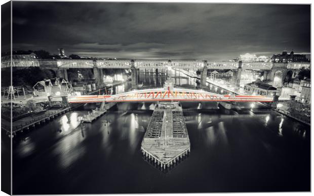 Swing Bridge, red at night. Canvas Print by Toon Photography