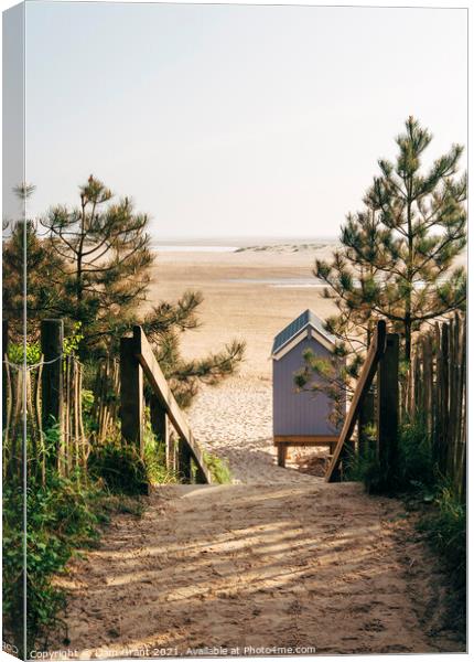 Beach hut and path to beach at sunrise. Wells-next-the-sea, Norf Canvas Print by Liam Grant