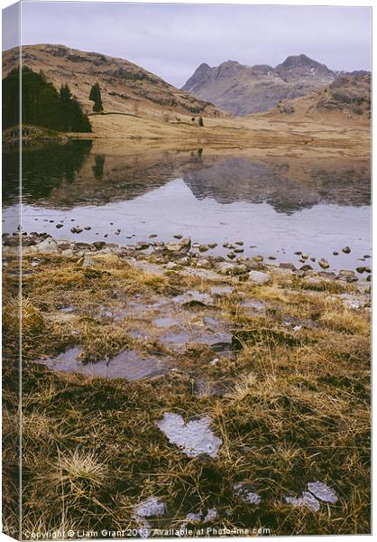 Frozen Blea Tarn and Langdale Pikes. Lake District Canvas Print by Liam Grant