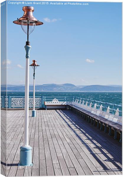 Lamp and seating on Mumbles Pier. Wales, UK. Canvas Print by Liam Grant