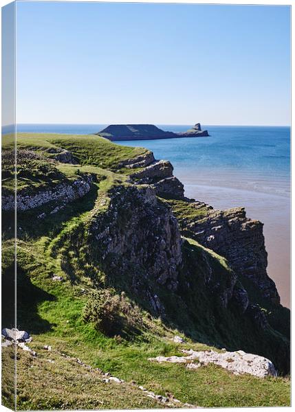 Worms Head from Rhossili. Wales, UK. Canvas Print by Liam Grant