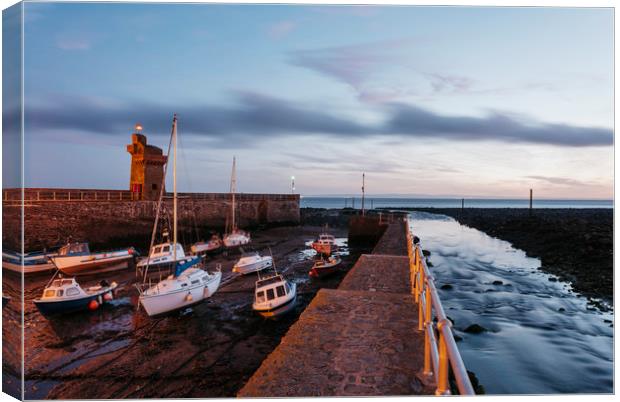 Boats in Lynmouth Harbour at dawn twilight. Devon, Canvas Print by Liam Grant