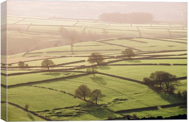 Hazy light at sunset over a valley of fields. Derb Canvas Print by Liam Grant