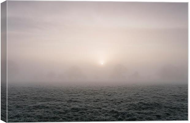 Sunrise through fog on a frosty morning. Norfolk,  Canvas Print by Liam Grant