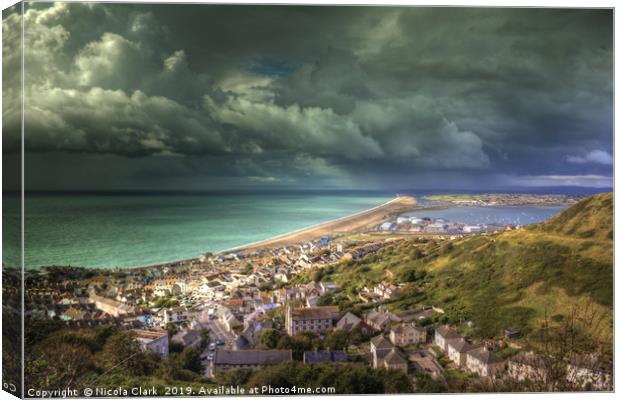 Storm Clouds Over Chesil Beach Canvas Print by Nicola Clark