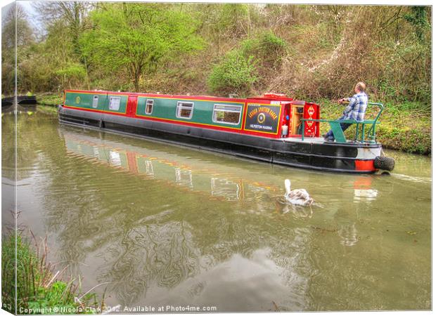 Serene Reflections of a Traditional Narrowboat Canvas Print by Nicola Clark