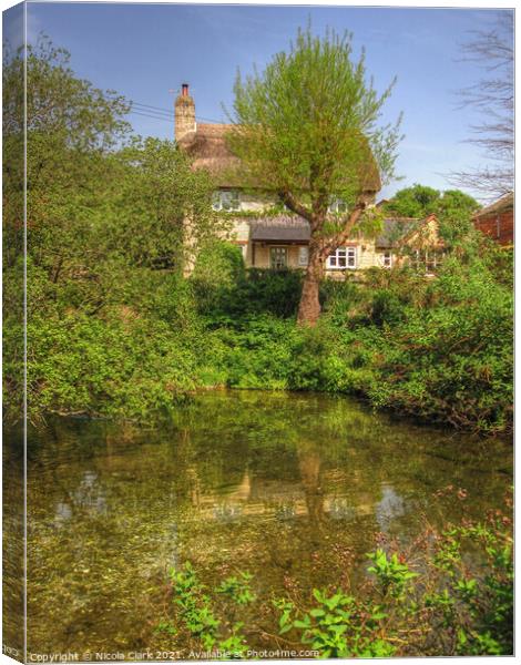 Enchanting Thatched Cottage by Wildlife Pond Canvas Print by Nicola Clark