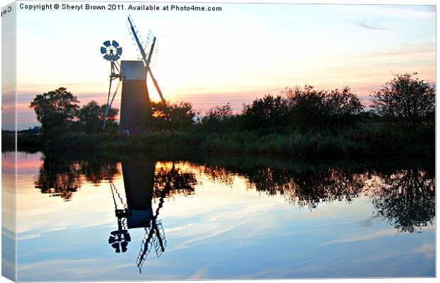 Sunset over Turf Fen Windmill Canvas Print by Sheryl Brown