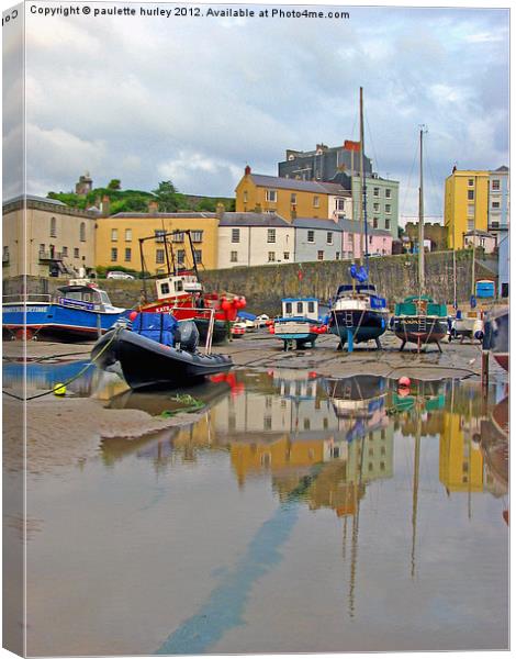 Tenby Harbour.Reflection at Low-Tide. Canvas Print by paulette hurley