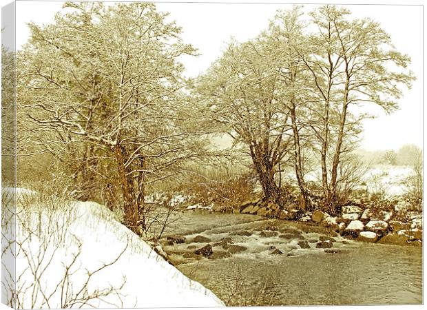 Snow Stream Falls.Rhymney River. Canvas Print by paulette hurley