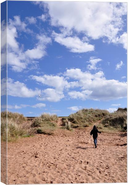 Dawlish Warren Dunes and child Canvas Print by K. Appleseed.