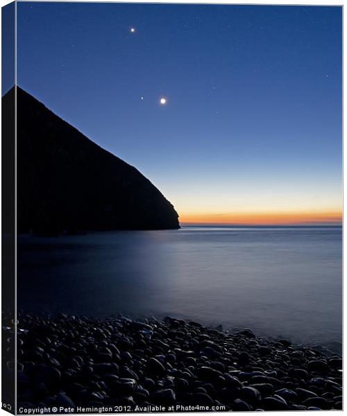 Moon and stars at Heddons Mouth Canvas Print by Pete Hemington